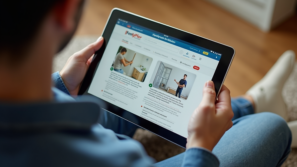 High angle view of a person comparing handyman reviews on a tablet and smartphone