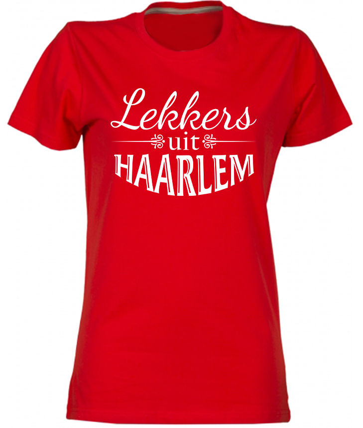 Haarlem T-shirt Lekkers Wit op Rood Dames.jpg