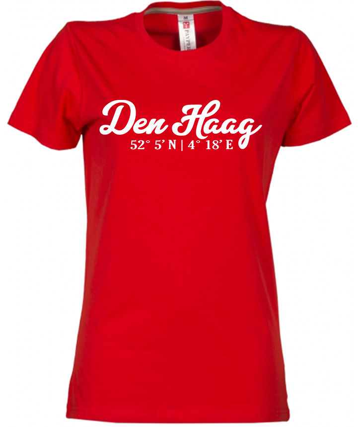T-shirt DEN HAAG Co Wit Op Rood Dames.jp