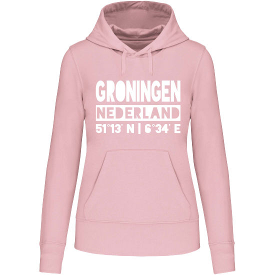 Hoodie GRONINGEN NL wit op roze Dames