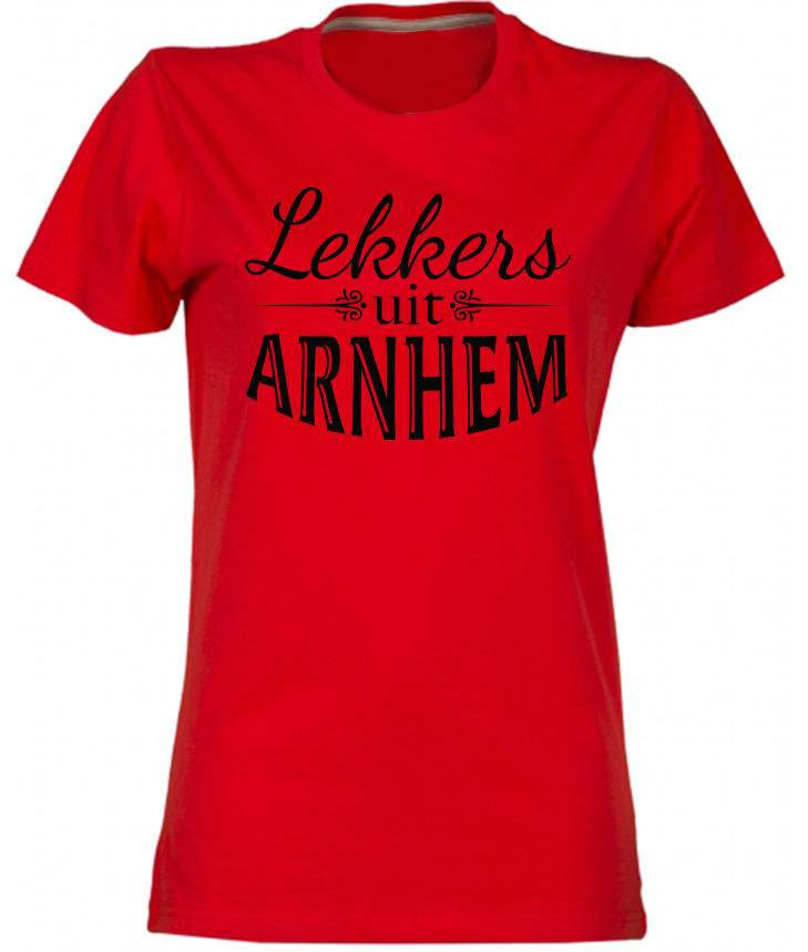 Arnhem T-shirt Lekkers zwart op rood dames.jpg