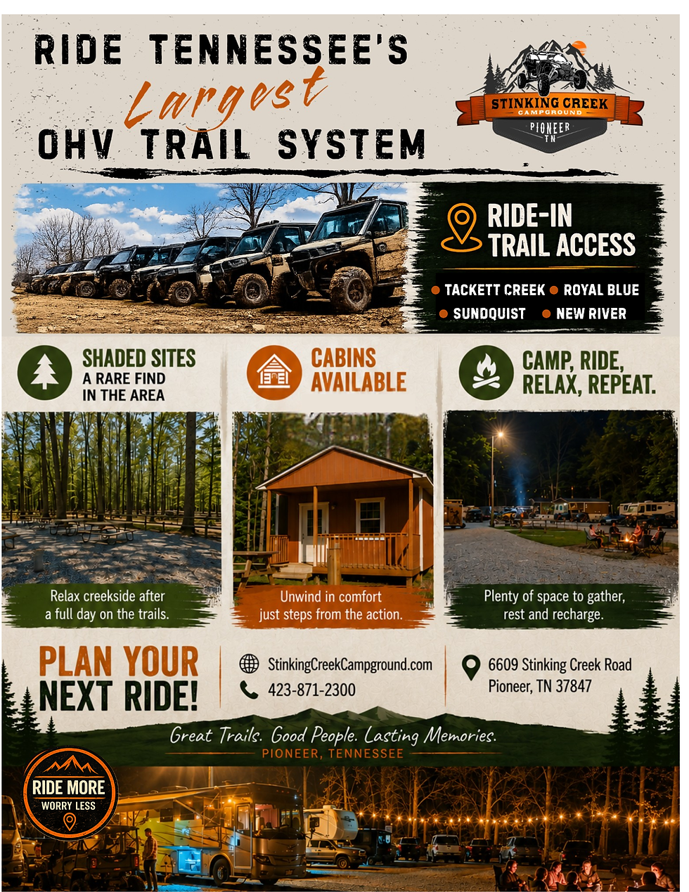 Campground information including riding areas, cabins, shaded rv sites, no trailering to trail heads, family friendly information.