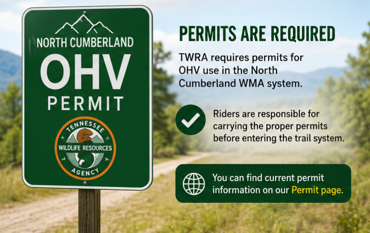 Trail with OHV permit sign letting riders know they need a valid permit to ride TWRA trails