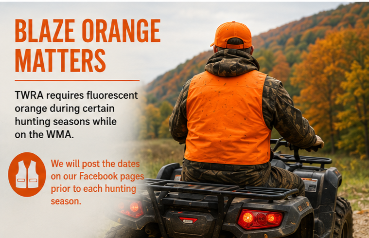Hunter on an atv. Blaze orange is required during hunting season for riders of OHV trail systems