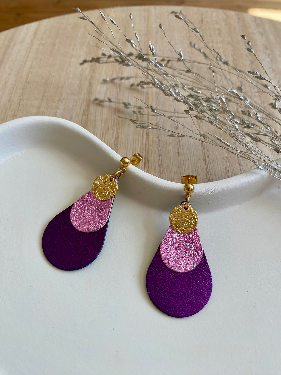 Miniature : Boucles d'oreilles "Simone" en cuir upcyclé, création artisanale