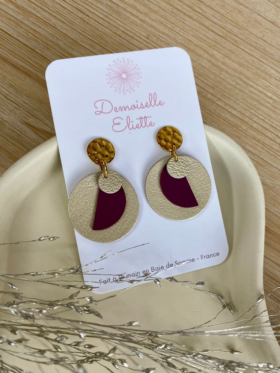 Miniature : Boucles d'oreilles "Marcelle" en cuir pleine fleur, faites à la main