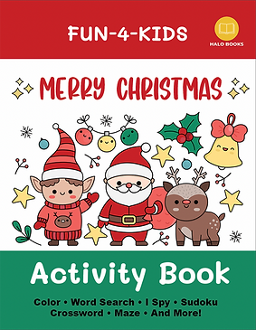 Front cover of Merry Christmas Activity Book featuring an adorable illustrated Santa, reindeer and elf