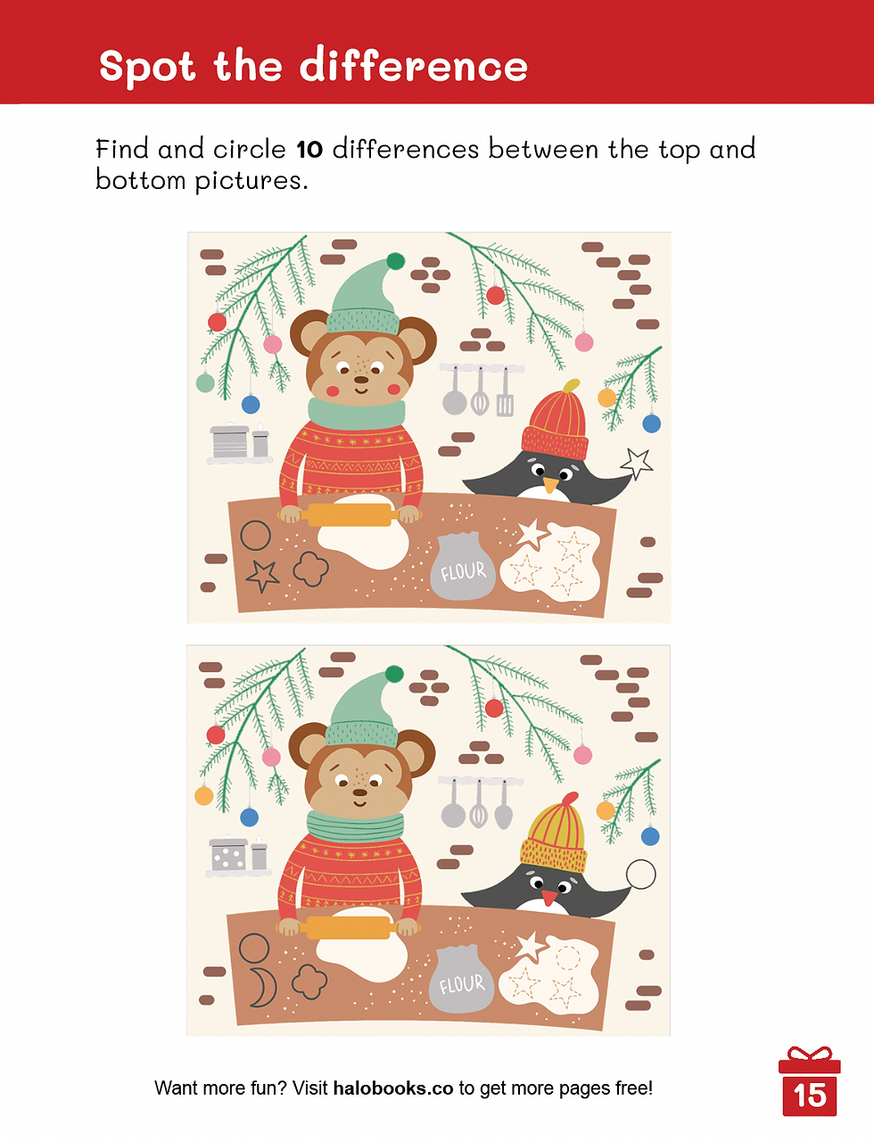 A page from inside the book shows a spot-the-difference game involving a penguin and a monkey baking cookies