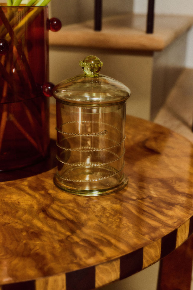 Roman olive burl side table styled in contemporary interior, handmade Italian furniture