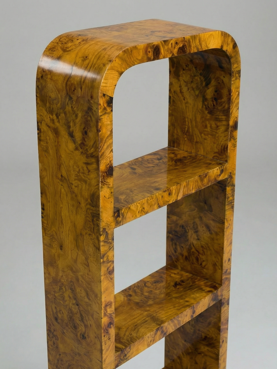 Close-up of olive burl wood grain on Calisto Bookcase showing natural movement and depth