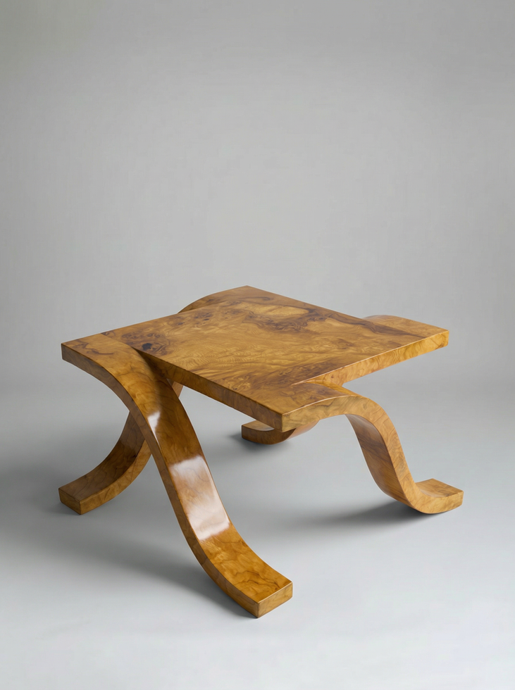 Marmont olive burl coffee table styled in contemporary interior, handmade Italian furniture