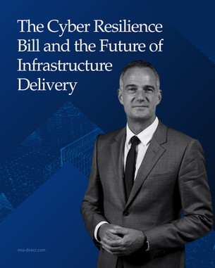 Cyber resilience and infrastructure delivery graphic with headline text and a professional business figure on a blue digital backdrop.