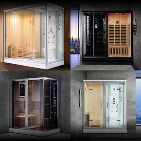 Side-by-side comparison of Aquapeutics' four steam shower and sauna combination units, featuring both traditional and infrared saunas with built-in showers and modern design finishes.