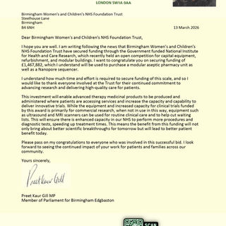 Letter to Birmingham Women's and Children's Hospital - 13th March 2026