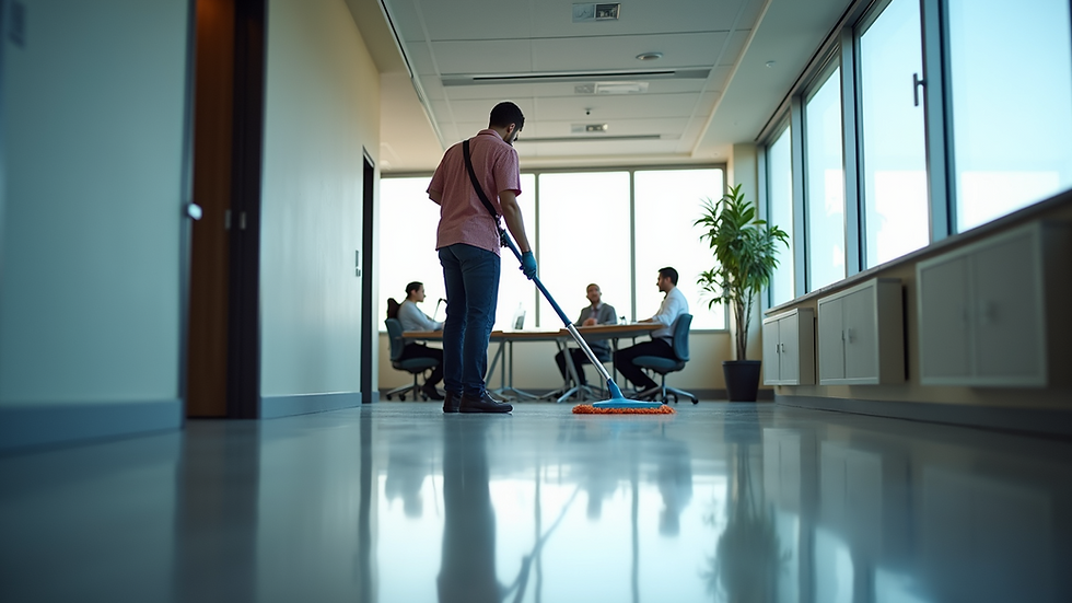 Eye-level view of a commercial office space being cleaned