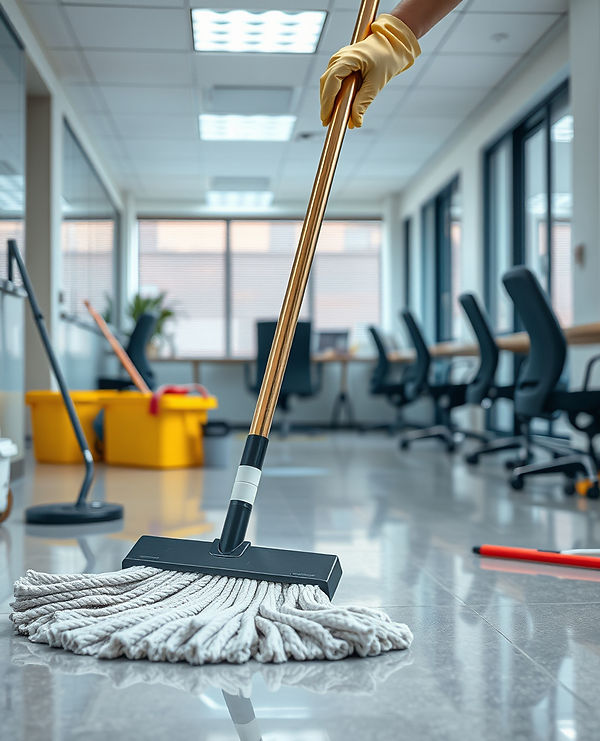 Team of professional cleaners performing deep cleaning in an office space with industrial equipment.