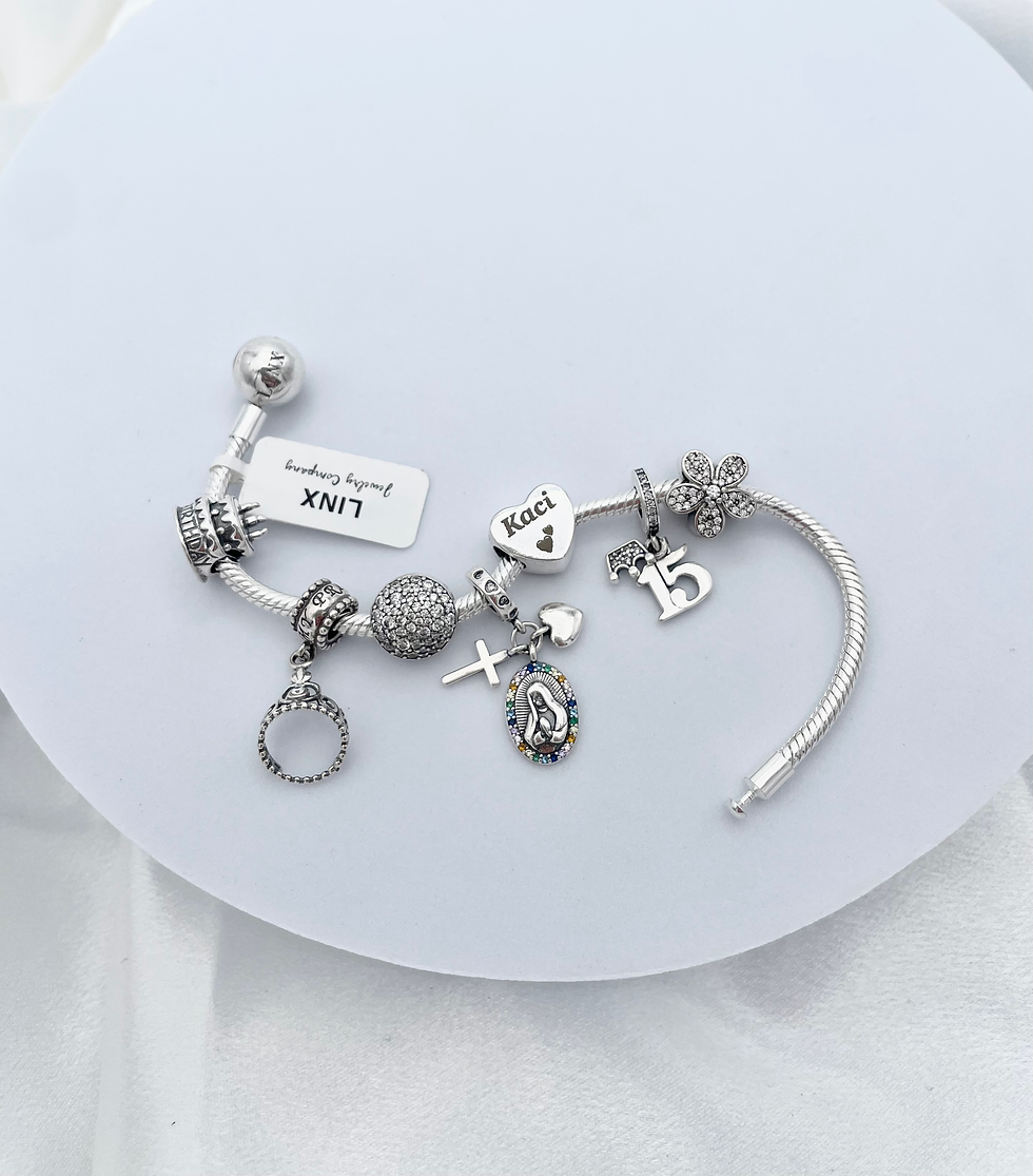 Thumbnail: Linx Snake Chain Bracelet with Custom Name and Quinceanera 15th Birthday Charms