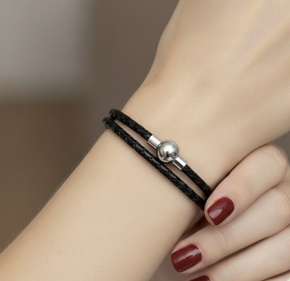 Thumbnail: Linx Black Braided Leather Bolo Cord Charm Bracelet with Magnetic Clasp