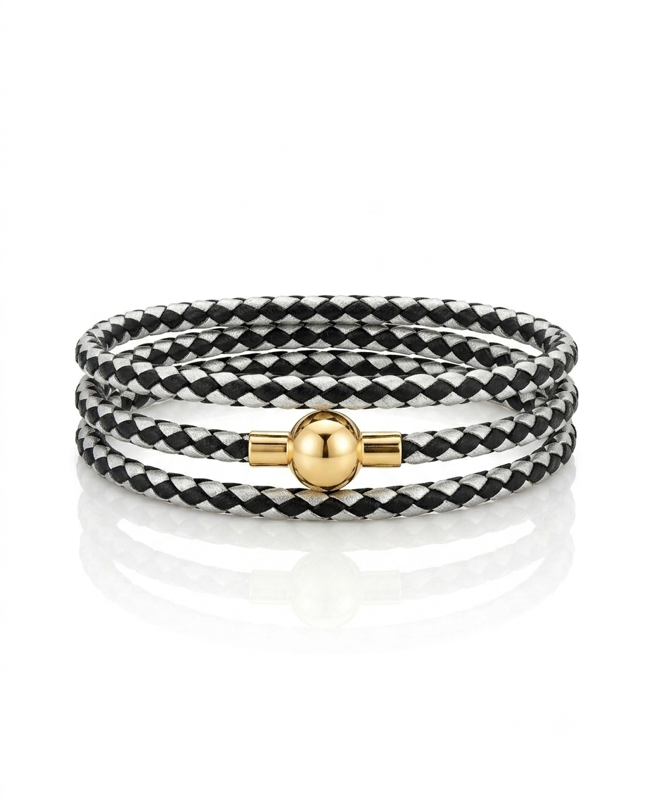 Linx Black & White Braided Leather Bolo Cord Charm Bracelet with Gold Clasp