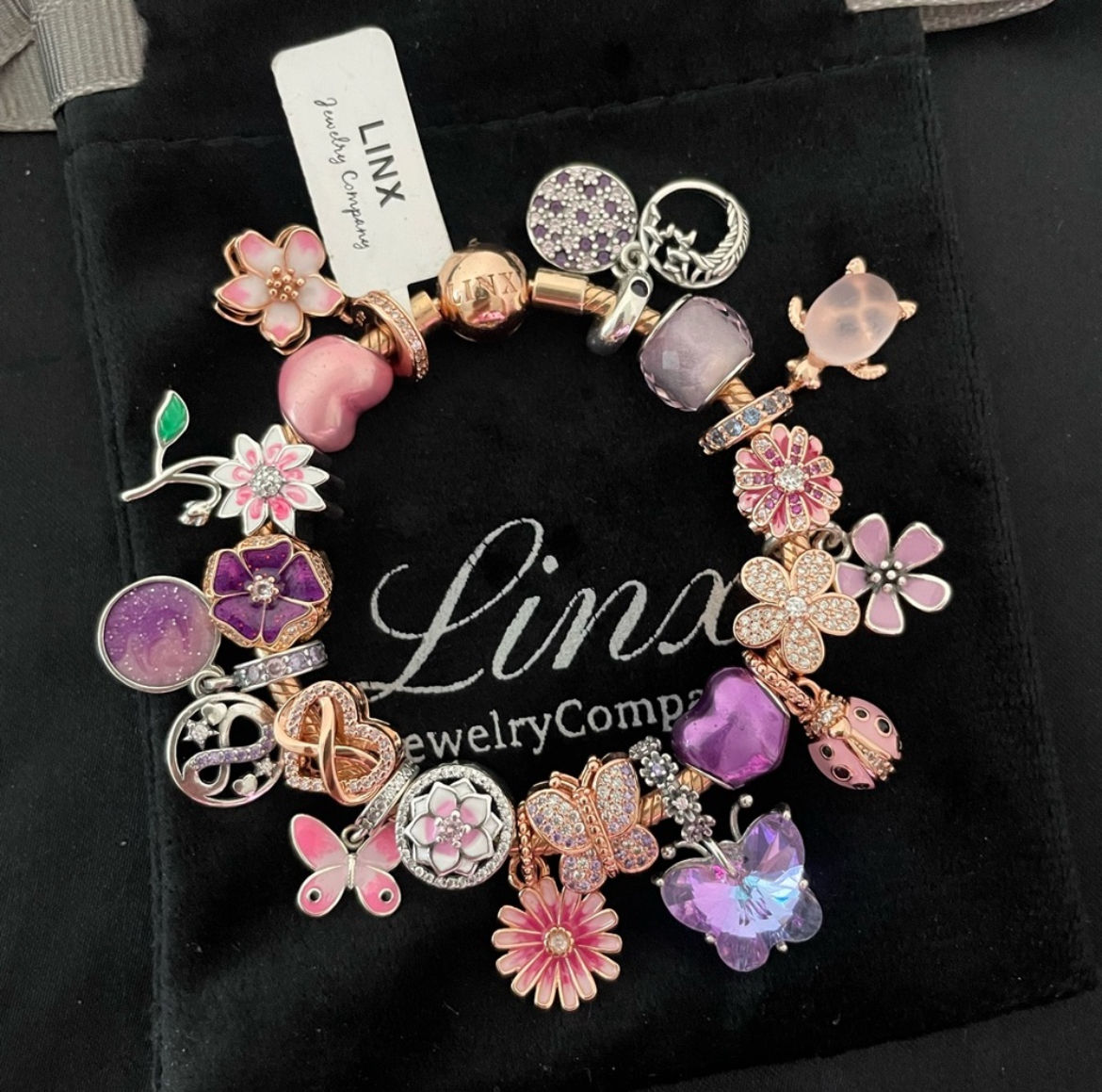 Linx Rose Gold Snake Chain Bracelet with Pink and Purple Themed Charms 