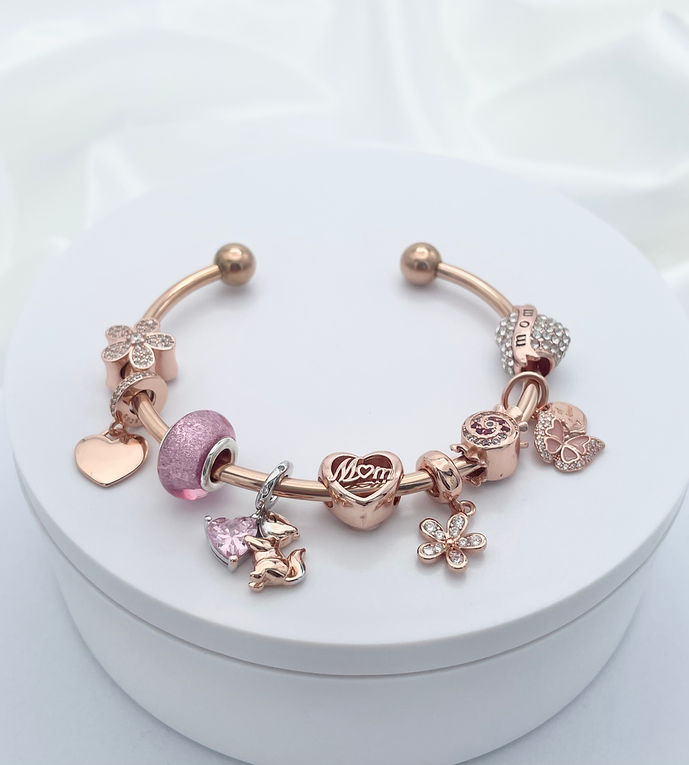 Thumbnail: Linx Rose Gold Open Bangle with Rose Gold and Pink Mom Themed Charms 