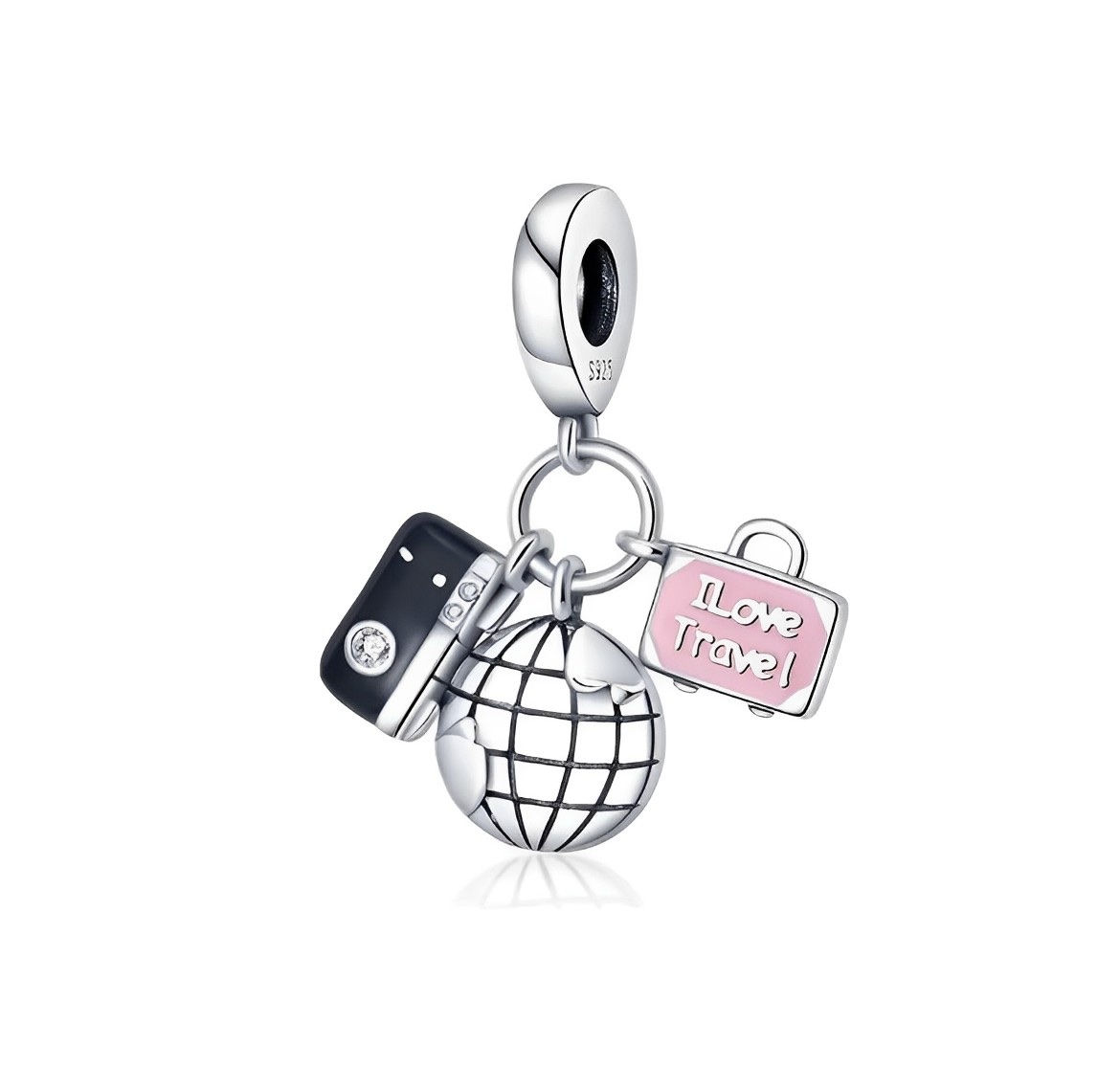 I Love Travel Camera Globe and Luggage Trio Dangle Charm 