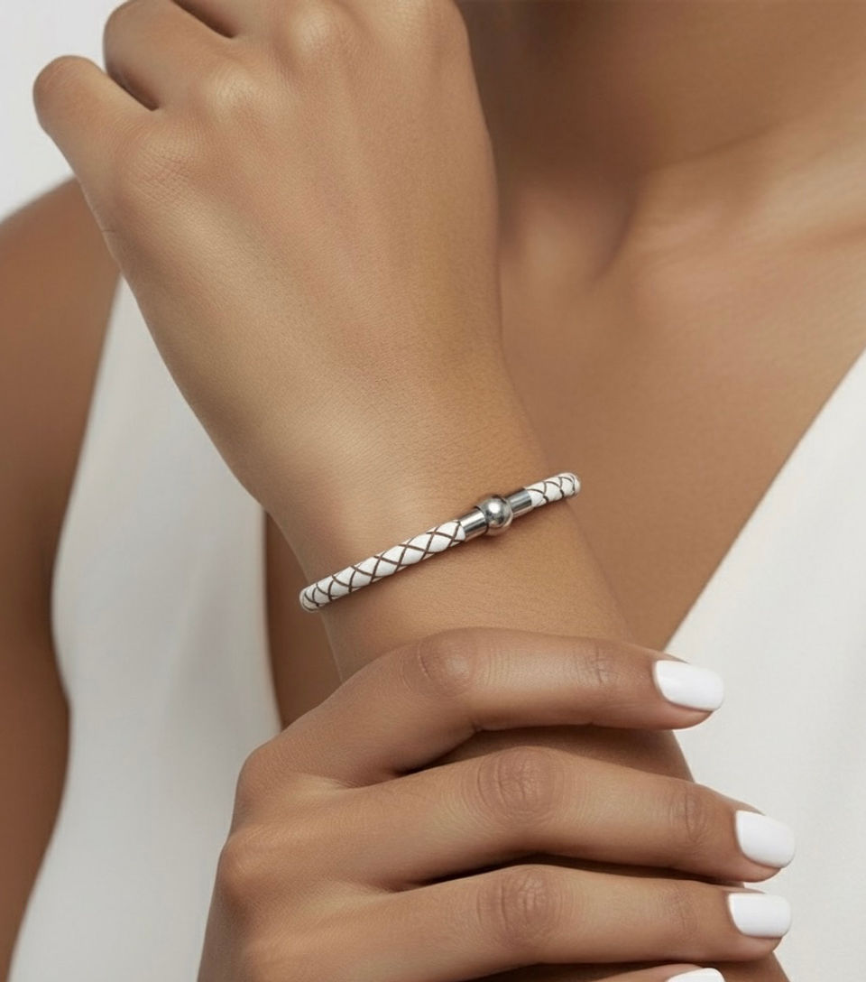 Linx White Braided Leather Bolo Cord Charm Bracelet with a Magnetic Clasp