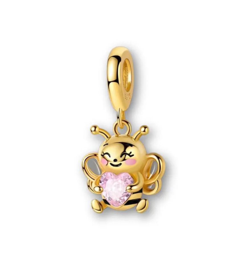 Yellow Gold Bee and Pink Zircon Heart Dangle Charm