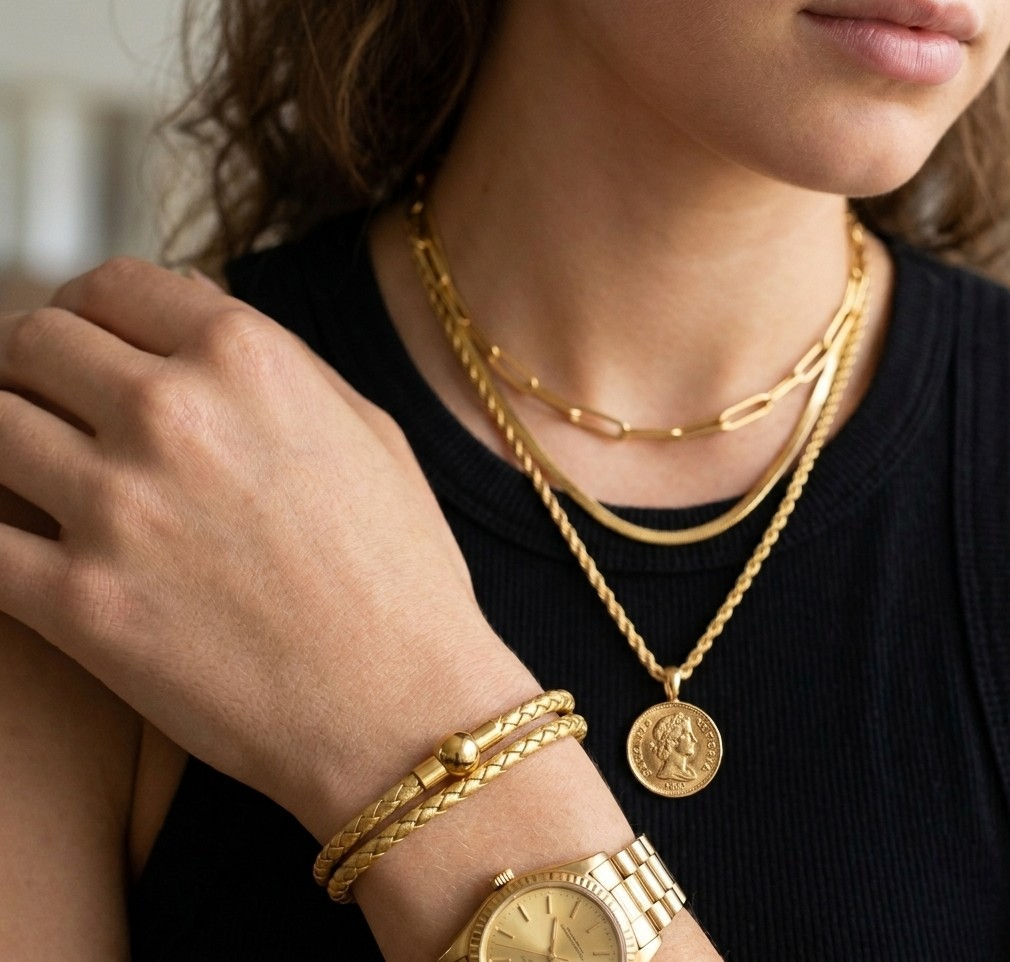 Linx Gold Braided Leather Bolo Cord Charm Bracelet with Gold Magnetic Clasp