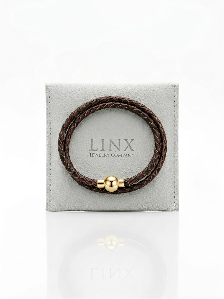 Thumbnail: Linx Vintage Brown Braided Leather Bolo Cord Charm Bracelet Gold Magnetic Clasp