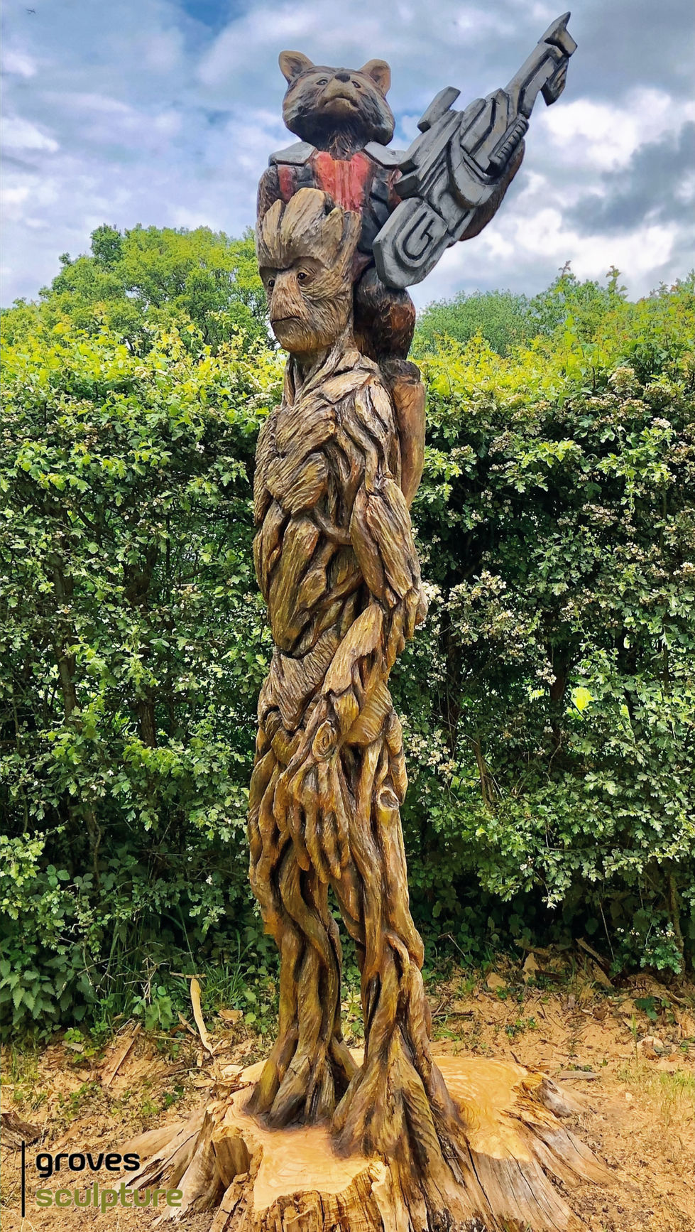 Large Groot and Rocket sculpture