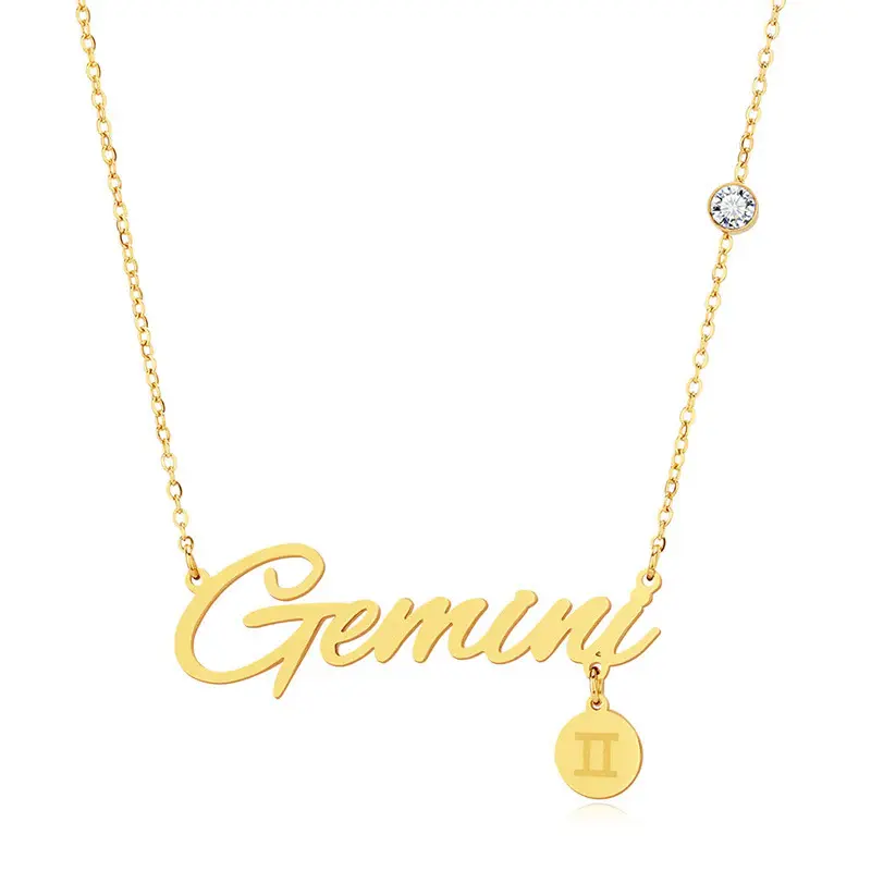 18K gold-plated Gemini script necklace with zodiac charm and faux diamond accent, displayed on a white background