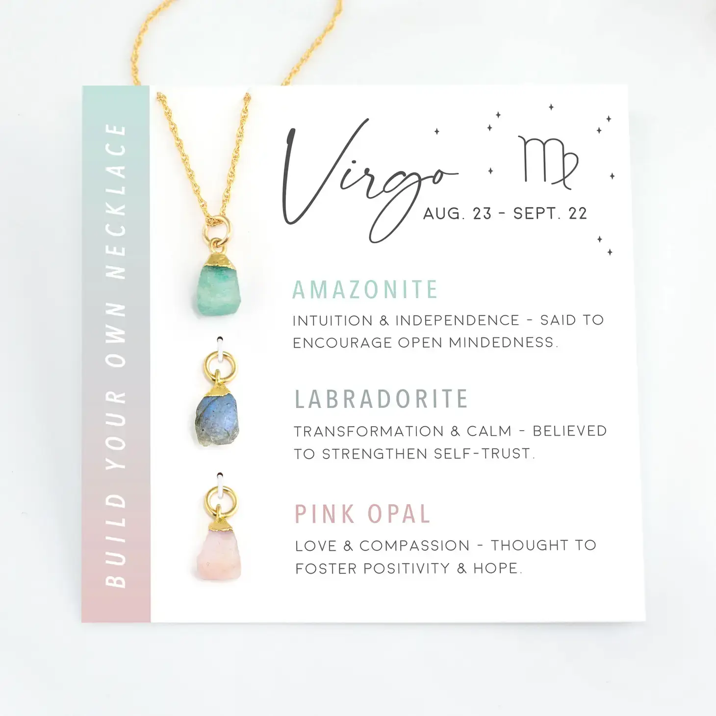 Virgo raw crystal necklace with Amazonite, Labradorite, and Pink Opal displayed on white zodiac card against white background