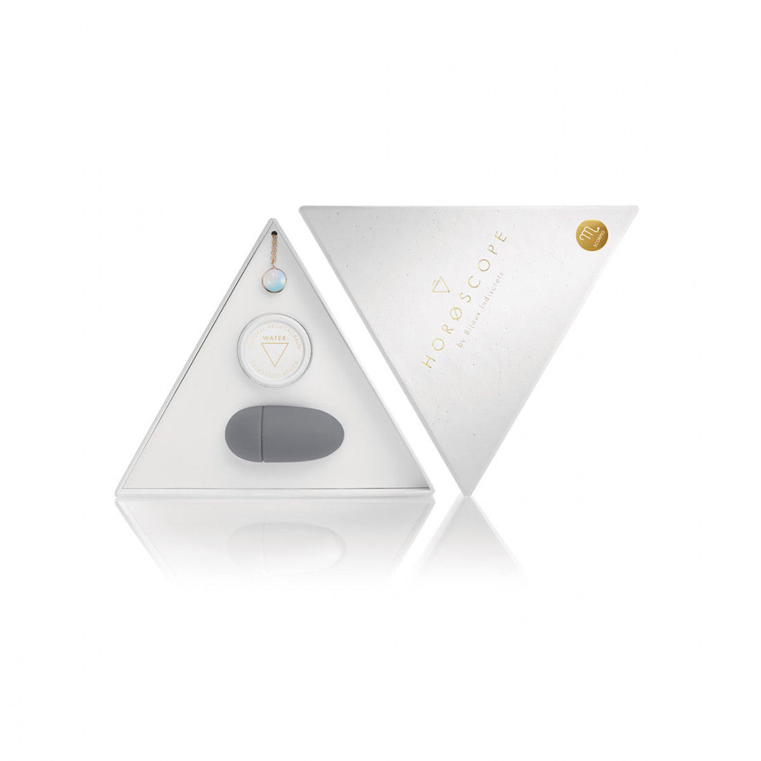 Scorpio Pleasure Ritual Kit open with Opal necklace, balm, and vibrator inside triangle box