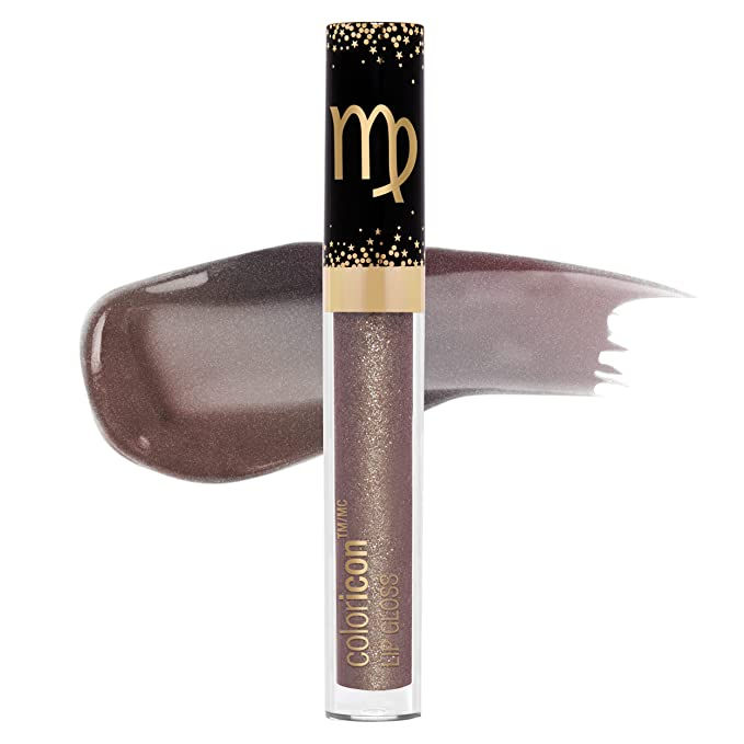 Virgo Zodiac Lip Gloss bottle placed in front of a matching gloss color swipe on a white background
