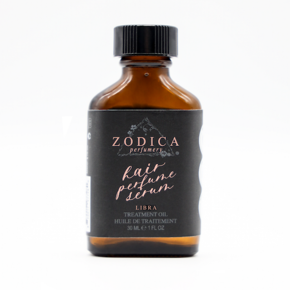 Front view of Libra zodiac hair serum bottle featuring sleek packaging and zodiac-themed label