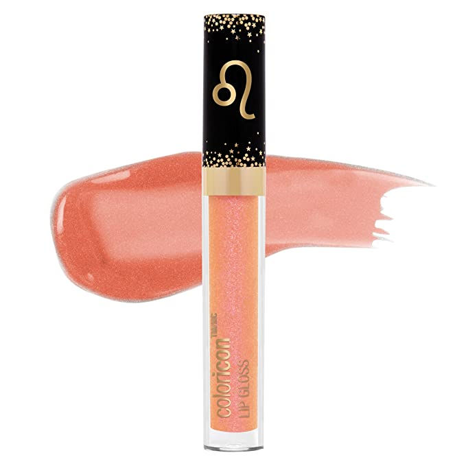 Leo Zodiac Lip Gloss bottle placed in front of a matching gloss color swipe on a white background