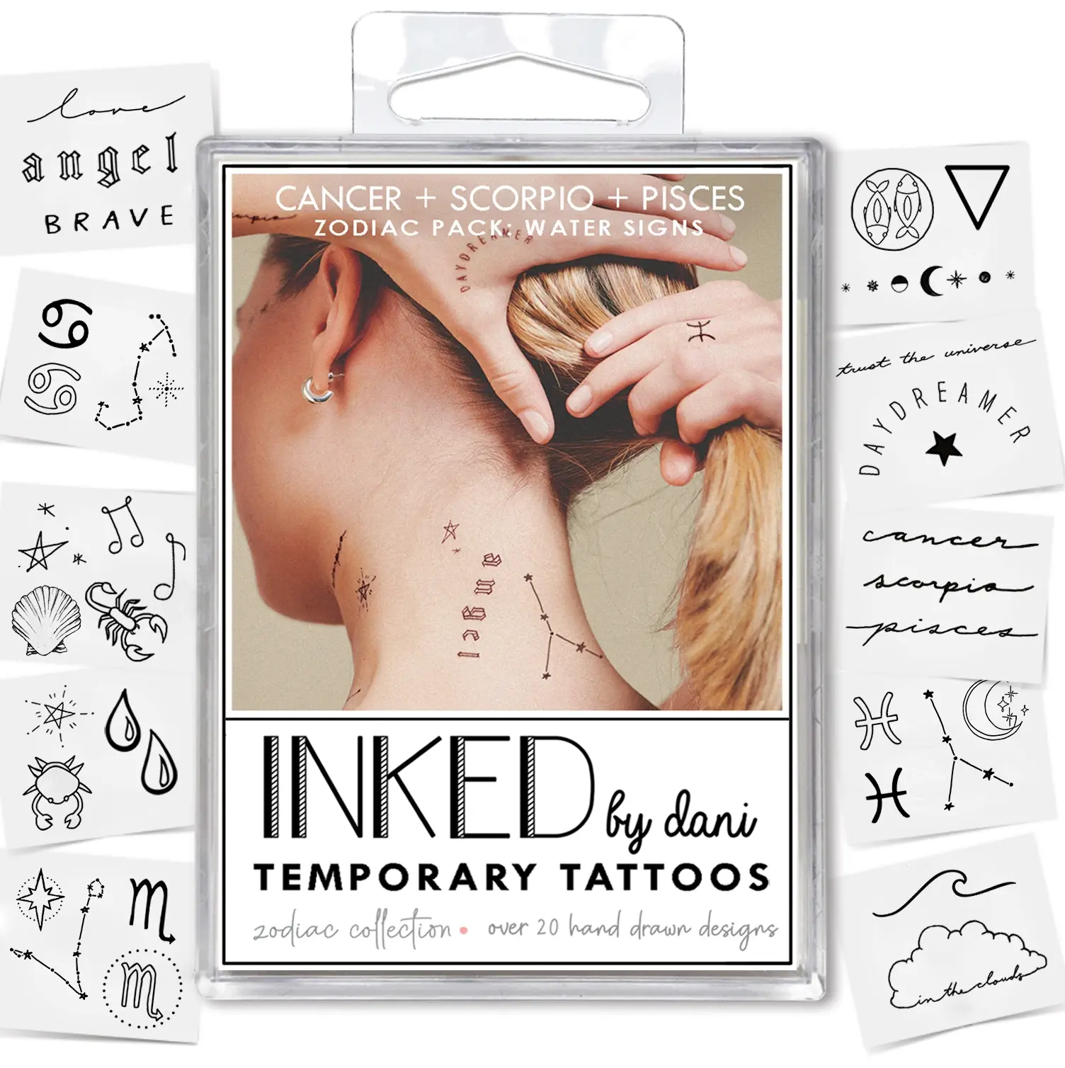 Body Art tattoo pack surrounded by a radiant display of the individual water sign-inspired designs