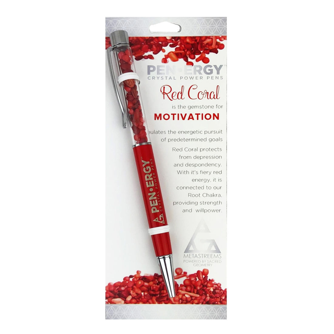 Red Coral Motivation crystal pen on informative white backing card displayed against a white background
