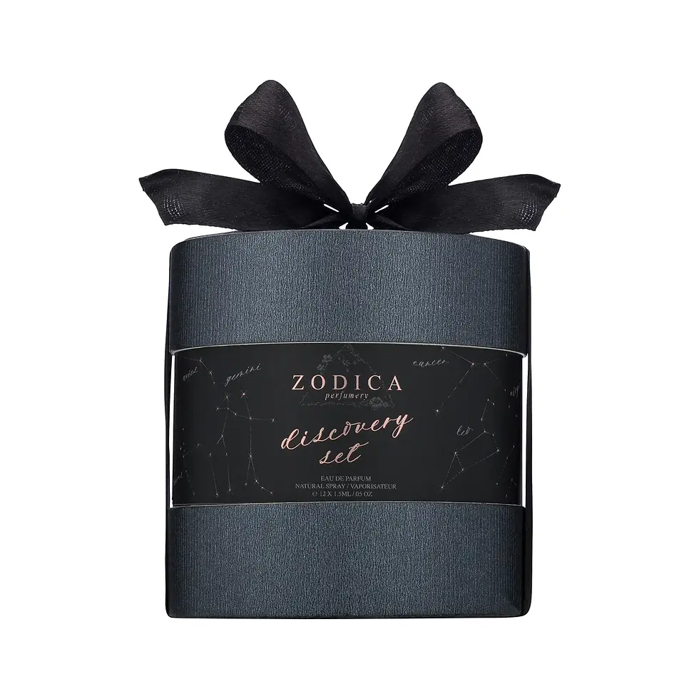 Black cylindrical Zodiac Perfume Discovery Set box with satin bow, styled for luxury gifting