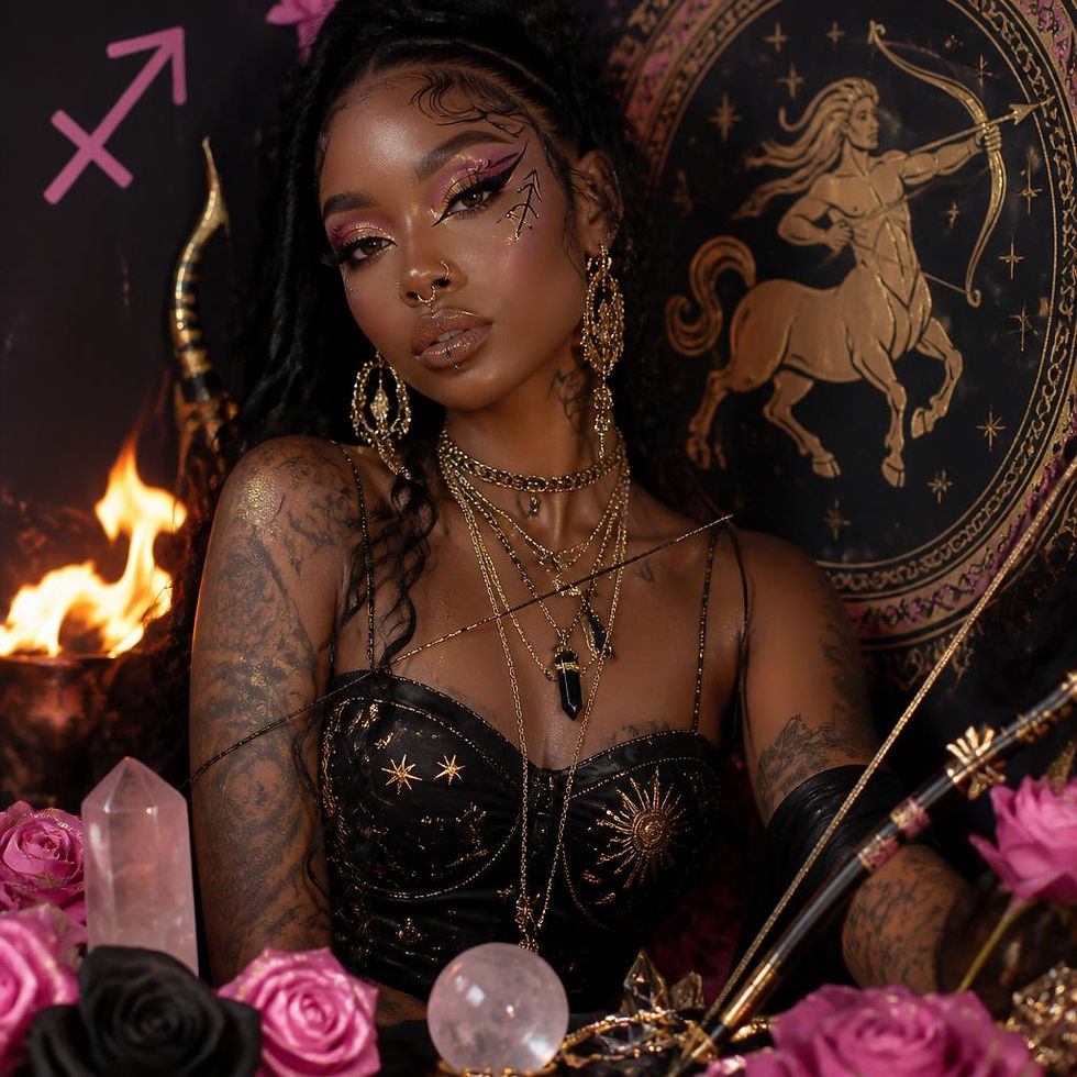 Sagittarius woman with archer-inspired imagery representing the adventurous, free-spirited and fiery energy of the Sagittarius zodiac sign