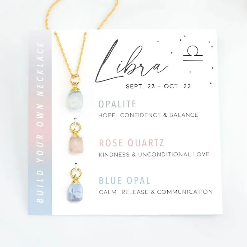 Libra raw crystal necklace with Rose Quartz, Opalite, and Blue Opal displayed on white zodiac card against white background