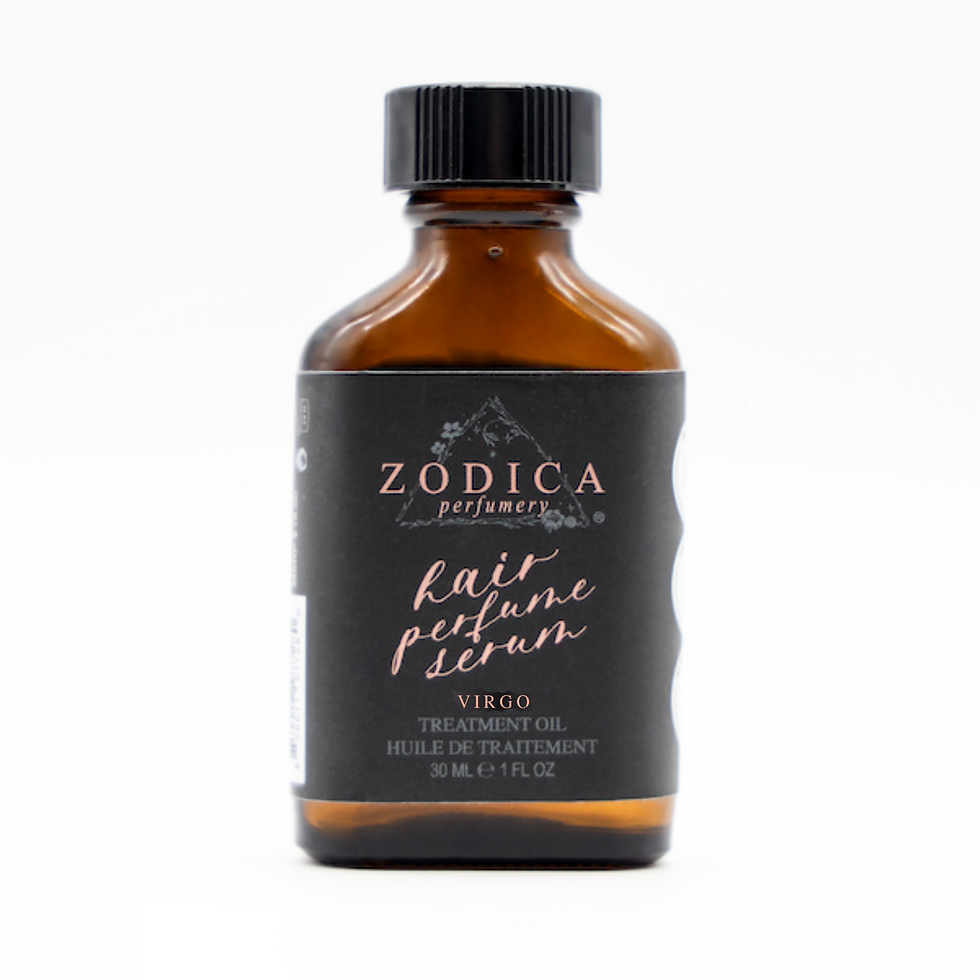 Front view of Virgo zodiac hair serum bottle featuring sleek packaging and zodiac-themed label