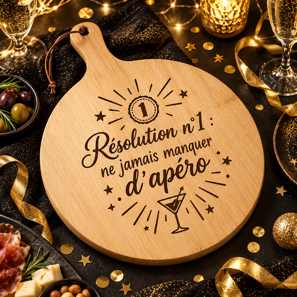 Miniature : Planche apéritive ronde gravée « Résolution numéro 1 : ne jamais manquer d’apéro »