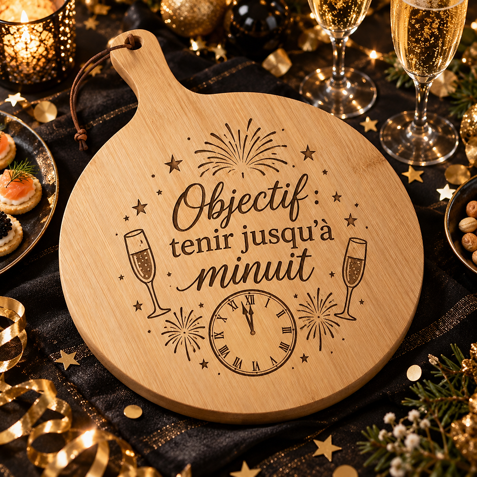 Miniature : Planche apéritive ronde en bambou gravée « Objectif : tenir jusqu’à minuit »