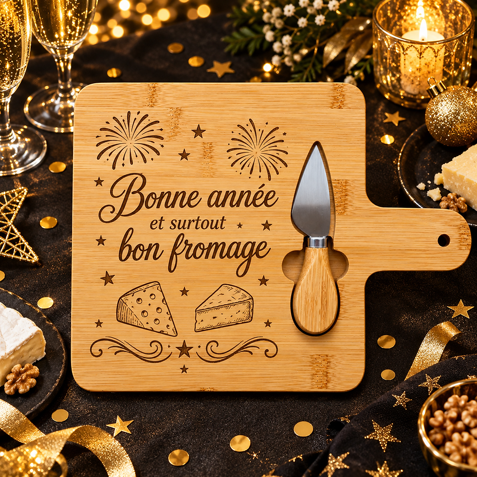 Planche à fromage en bambou avec couteau gravée « Bonne année et surtout bon fromage »