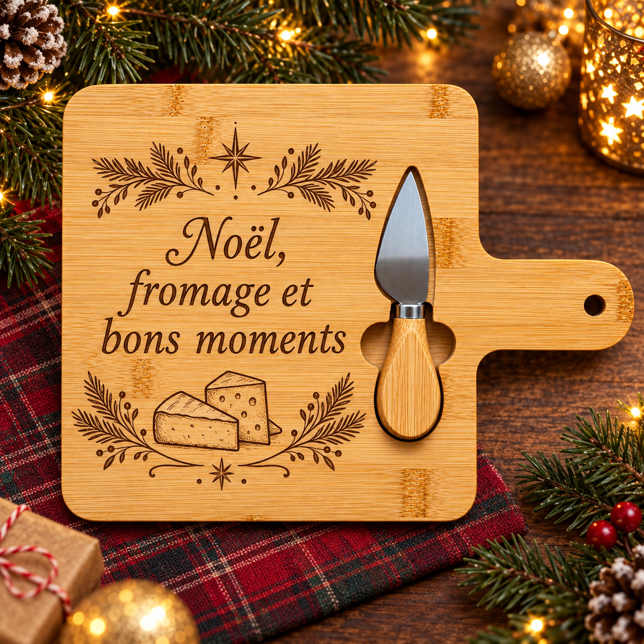 Planche à fromage en bambou avec couteau gravée « Noël, fromage et bons moments »