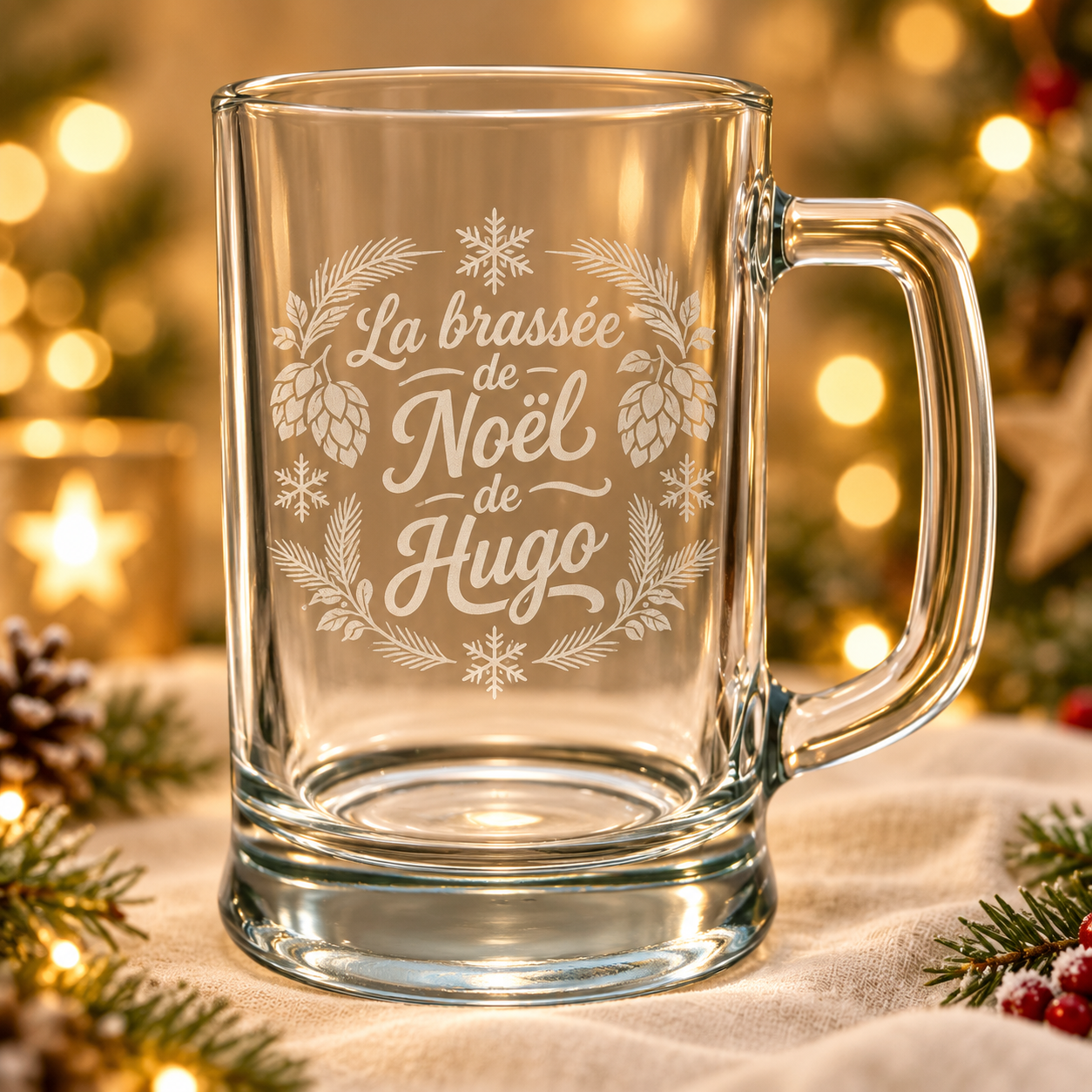Chope à bière personnalisée avec prénom et gravure laser de Noël