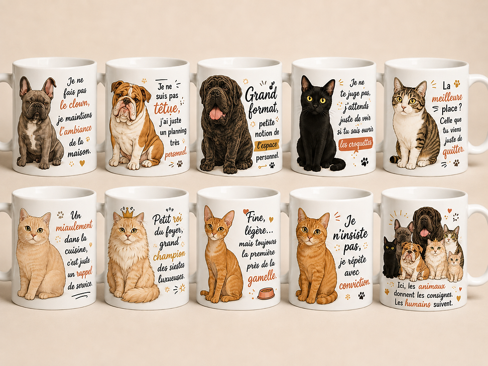 Collection de 10 mugs humoristiques chiens et chats avec illustrations d’animaux – L’Atelier MLM