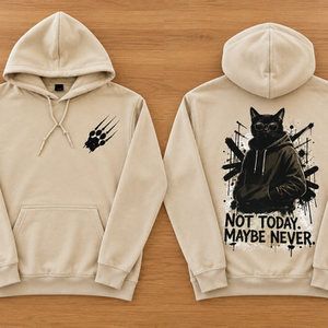 Sweat beige DTF Instinct & Chaos avec chat noir et texte Not Today Maybe Never